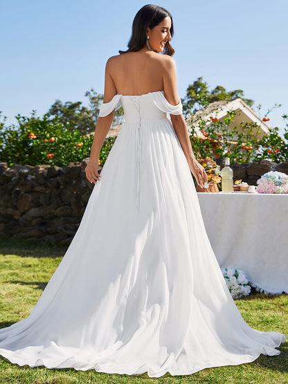 Off Shoulder Chiffon Wholesale Wedding Dressees With Half Sleeves