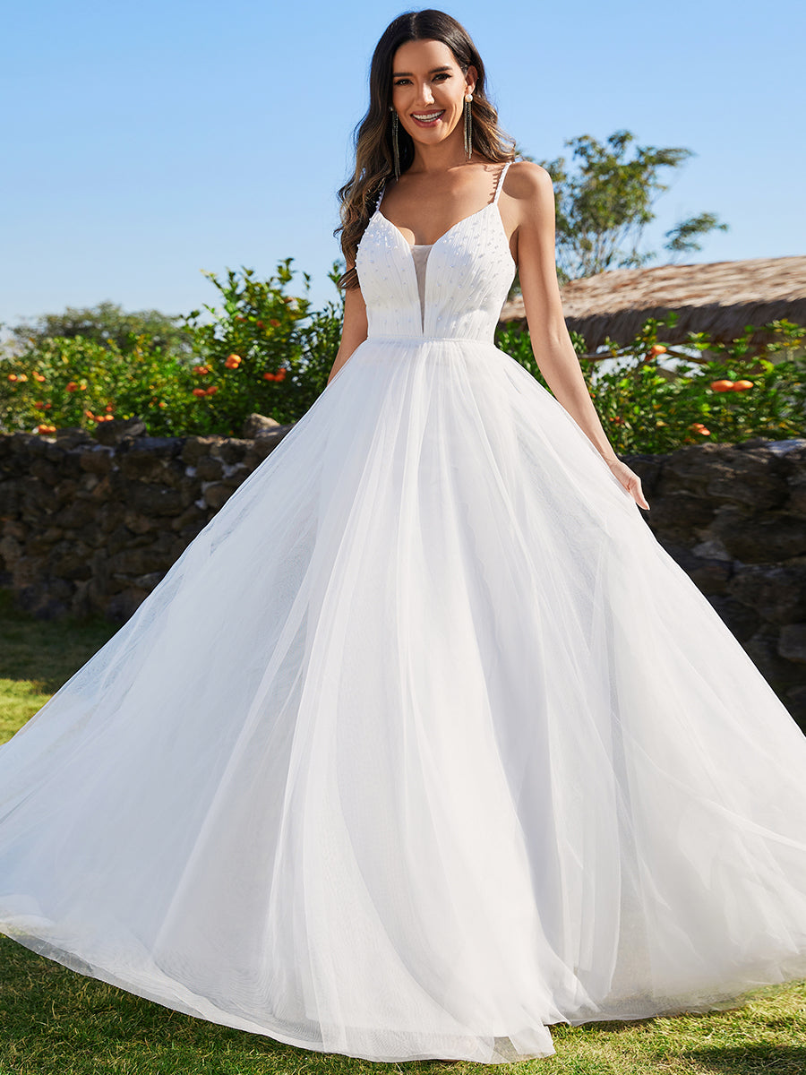 Spaghetti Straps Sleeveless Tulle Pearl Beaded Wholesale Wedding Dress