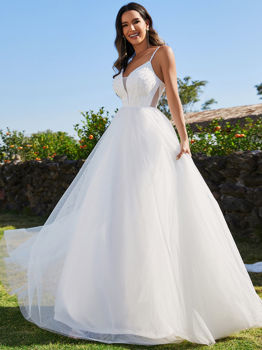 Spaghetti Straps Sleeveless Tulle Pearl Beaded Wholesale Wedding Dress