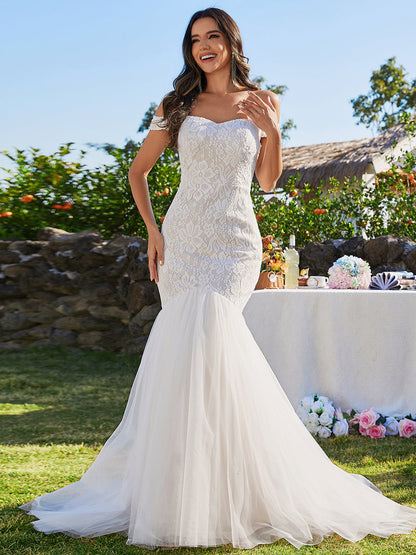 Elegant Fishtail  Floor Off Shoulder Sleeveless Wholesale Wedding Dress