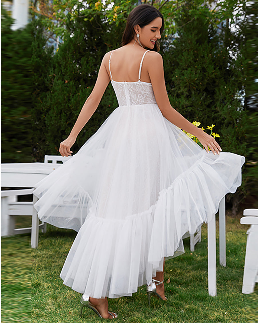 Tulle Sweetheart Spaghetti Strap High Low Wholesale Wedding Dress