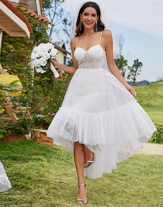 Tulle Sweetheart Spaghetti Strap High Low Wholesale Wedding Dress