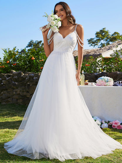 Elegant Spaghetti Straps Pearl Wholesale Wedding Dress with Sleeveless