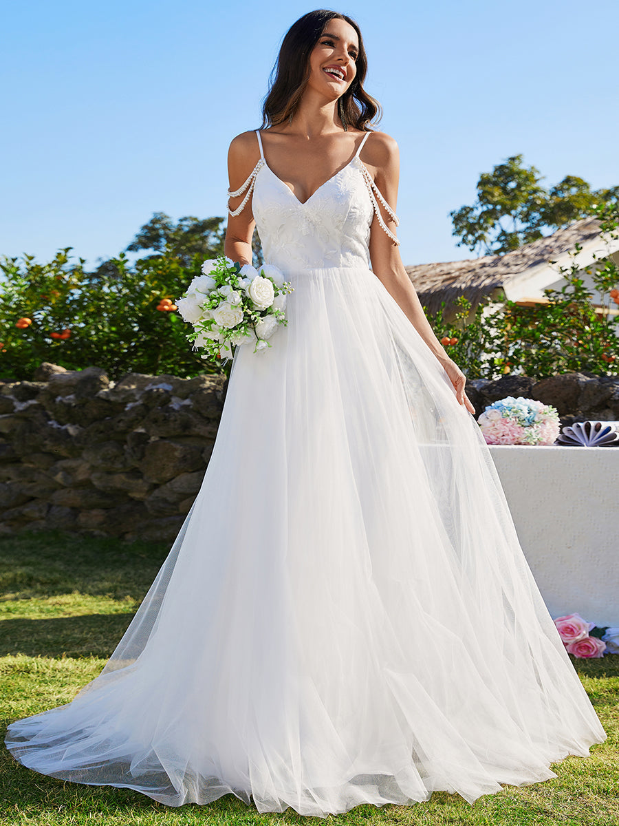 Elegant Spaghetti Straps Pearl Wholesale Wedding Dress with Sleeveless