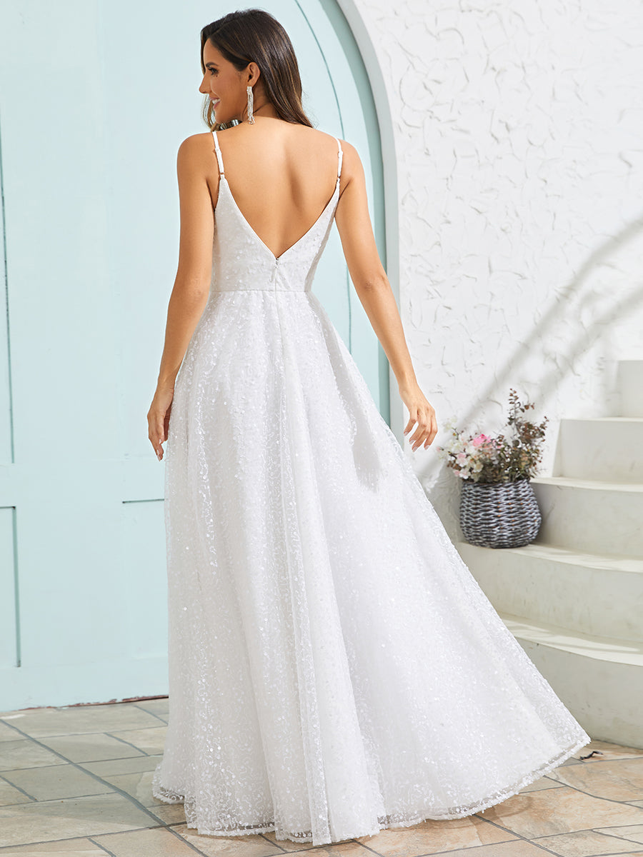 Shimmer Sequin V Neck Wholesale Wedding Dress With Sleeveless