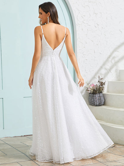 Shimmer Sequin V Neck Wholesale Wedding Dress With Sleeveless