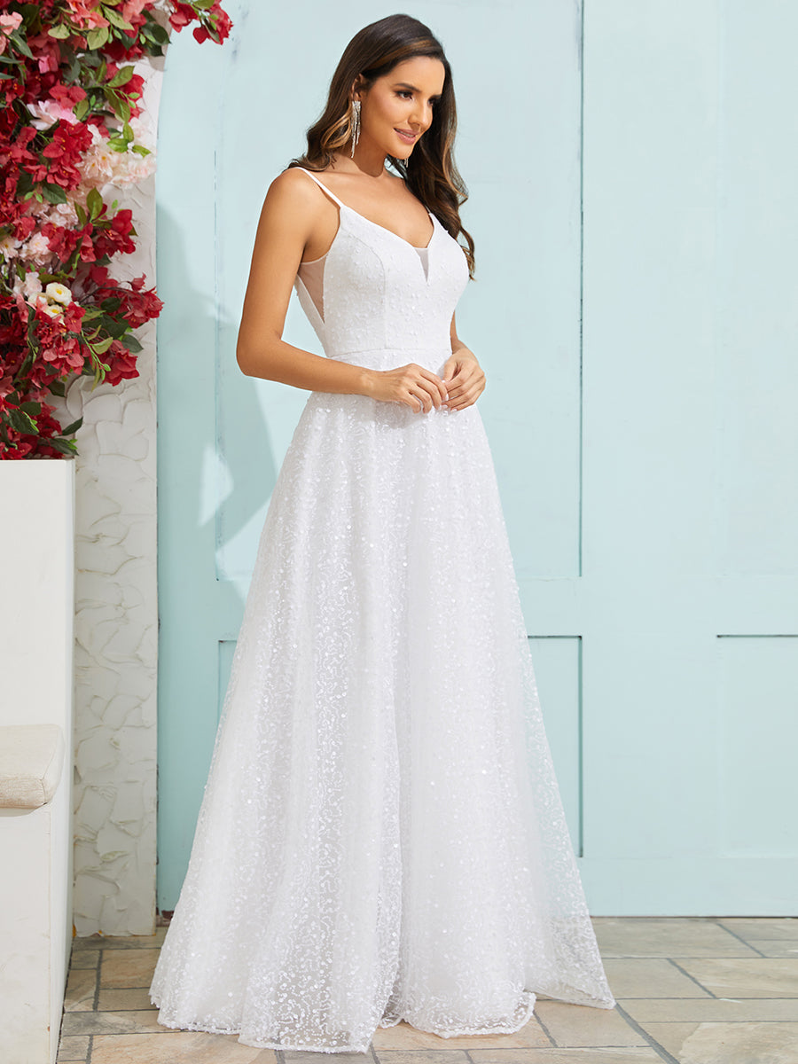 Shimmer Sequin V Neck Wholesale Wedding Dress With Sleeveless