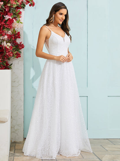 Shimmer Sequin V Neck Wholesale Wedding Dress With Sleeveless