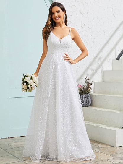 Shimmer Sequin V Neck Wholesale Wedding Dress With Sleeveless