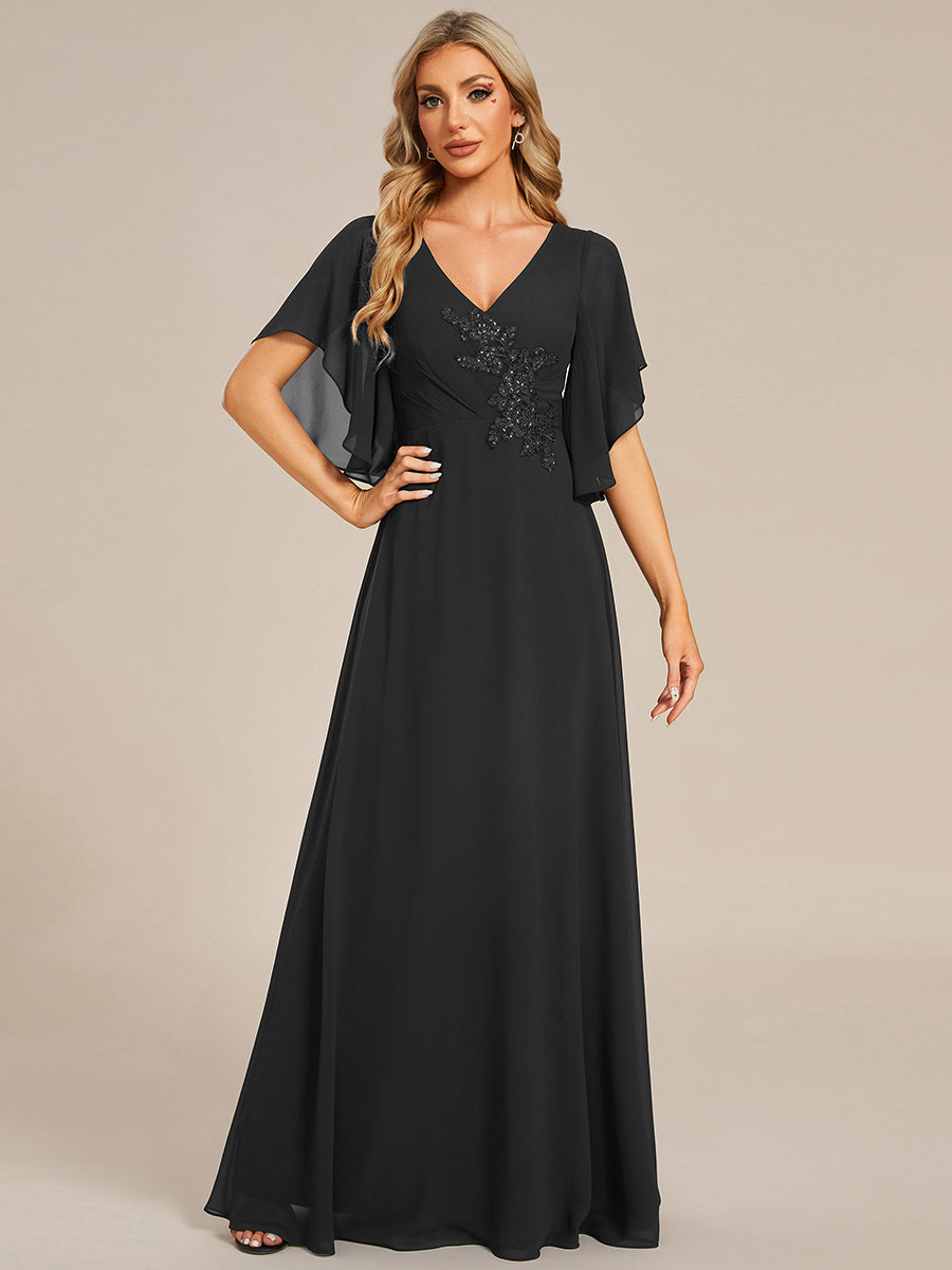 Maxi Long Chiffon Floral Embroidery Wholesale Evening Dresses With Short Sleeves