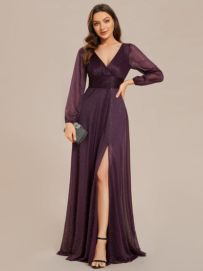 Shiny Deep V Neck Wholesale Evening Gown With Short Sleeves