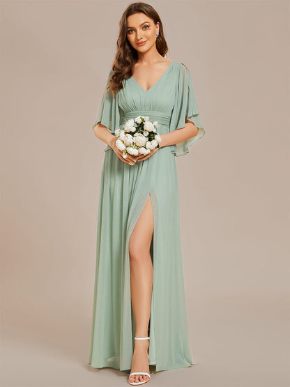 V Neck Pleated Belt Wholesale Chiffon Bridesmaid Dresses