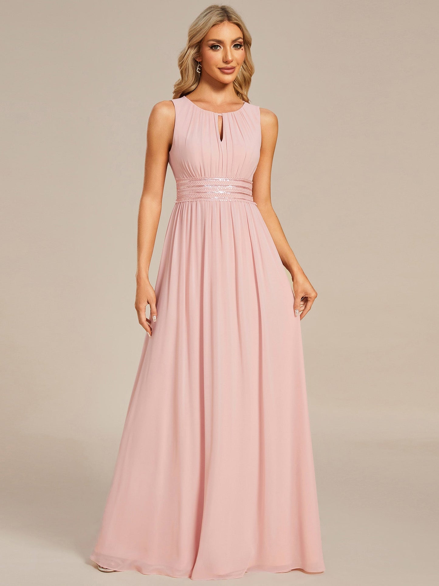 Maxi Long Chiffon Hollow Round Neck Decor Bridesmaids Dress