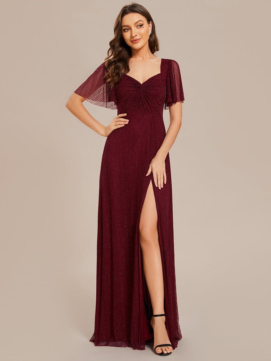 Shiny Maxi Long V-Neck Wholesale Evening Dresses With Short Sleeve