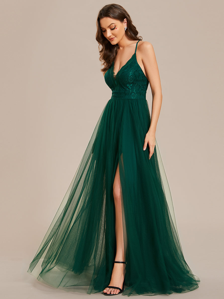 Sleeveless Embroidery Floor Length V Neck Wholesale Evening Dress with Spaghetti Straps