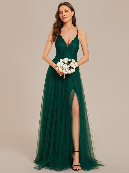 Sleeveless Embroidery Floor Length V Neck Wholesale Evening Dress with Spaghetti Straps