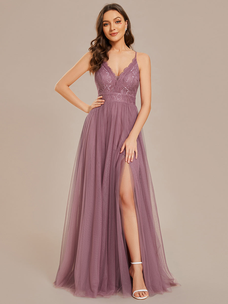 Sleeveless Embroidery Floor Length V Neck Wholesale Evening Dress with Spaghetti Straps