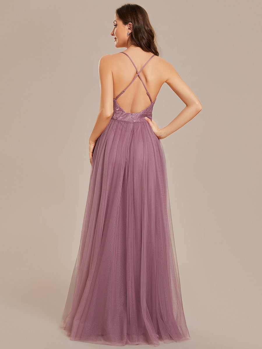 Sleeveless Embroidery Floor Length V Neck Wholesale Evening Dress with Spaghetti Straps