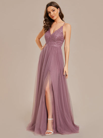 Sleeveless Embroidery Floor Length V Neck Wholesale Evening Dress with Spaghetti Straps