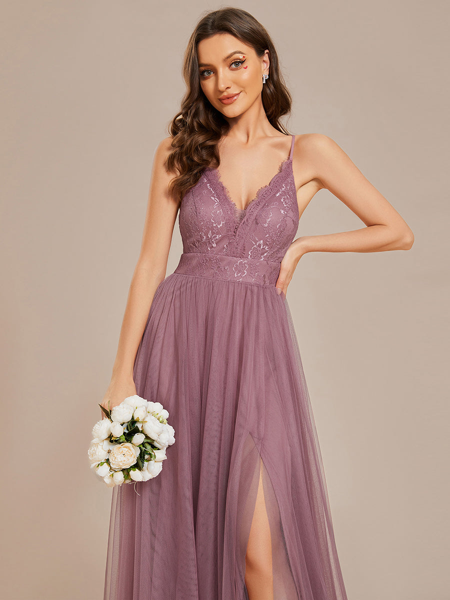 Sleeveless Embroidery Floor Length V Neck Wholesale Evening Dress with Spaghetti Straps