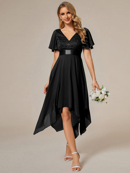 Deep V Neck Chiffon Wholesale Evening Gown With Short Sleeves