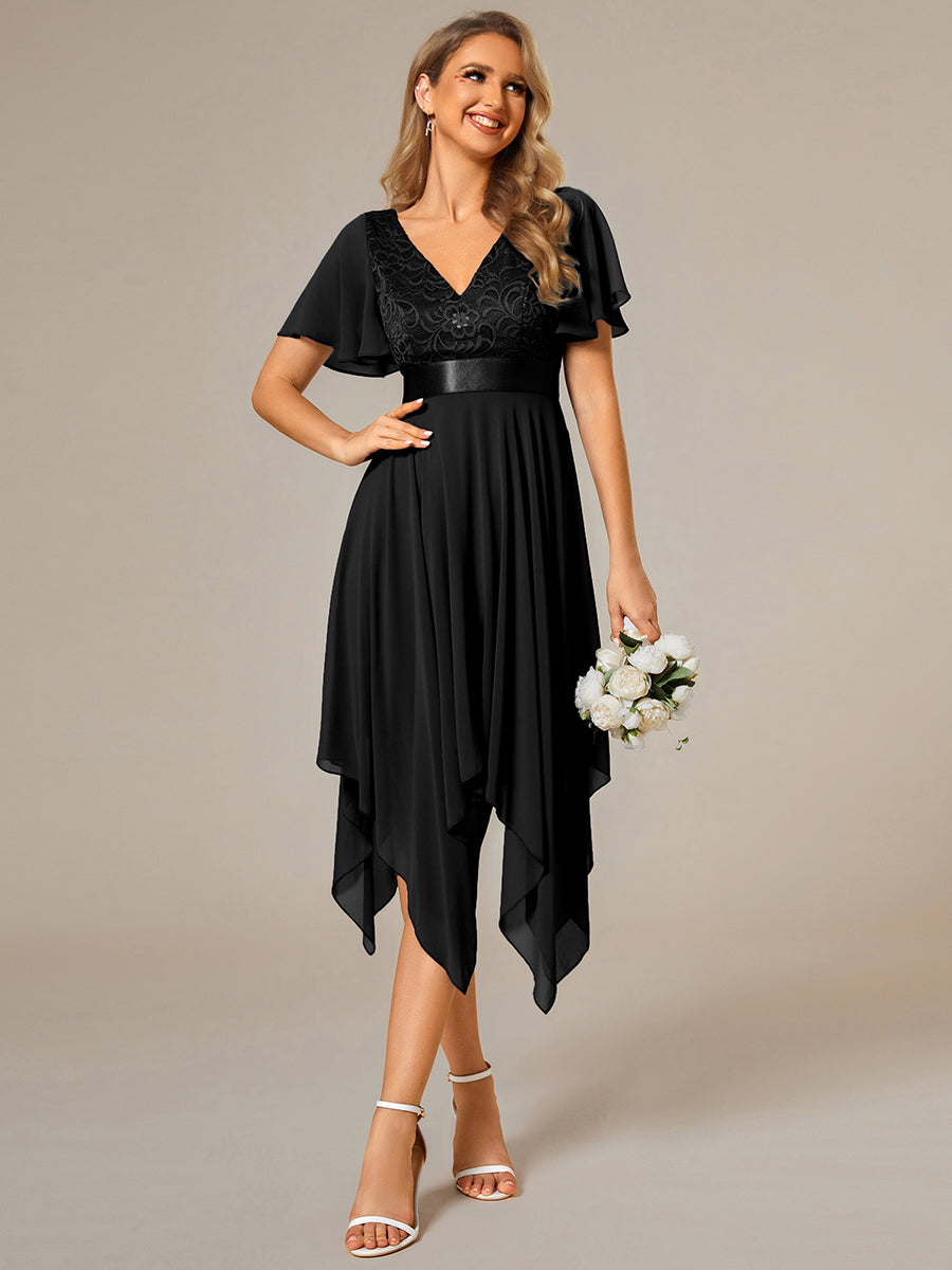 Deep V Neck Chiffon Wholesale Evening Gown With Short Sleeves