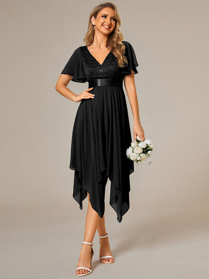 Deep V Neck Chiffon Wholesale Evening Gown With Short Sleeves