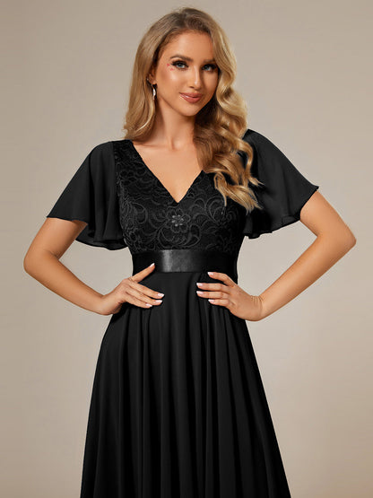 Deep V Neck Chiffon Wholesale Evening Gown With Short Sleeves