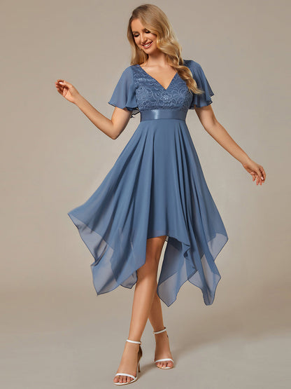 Deep V Neck Chiffon Wholesale Evening Gown With Short Sleeves