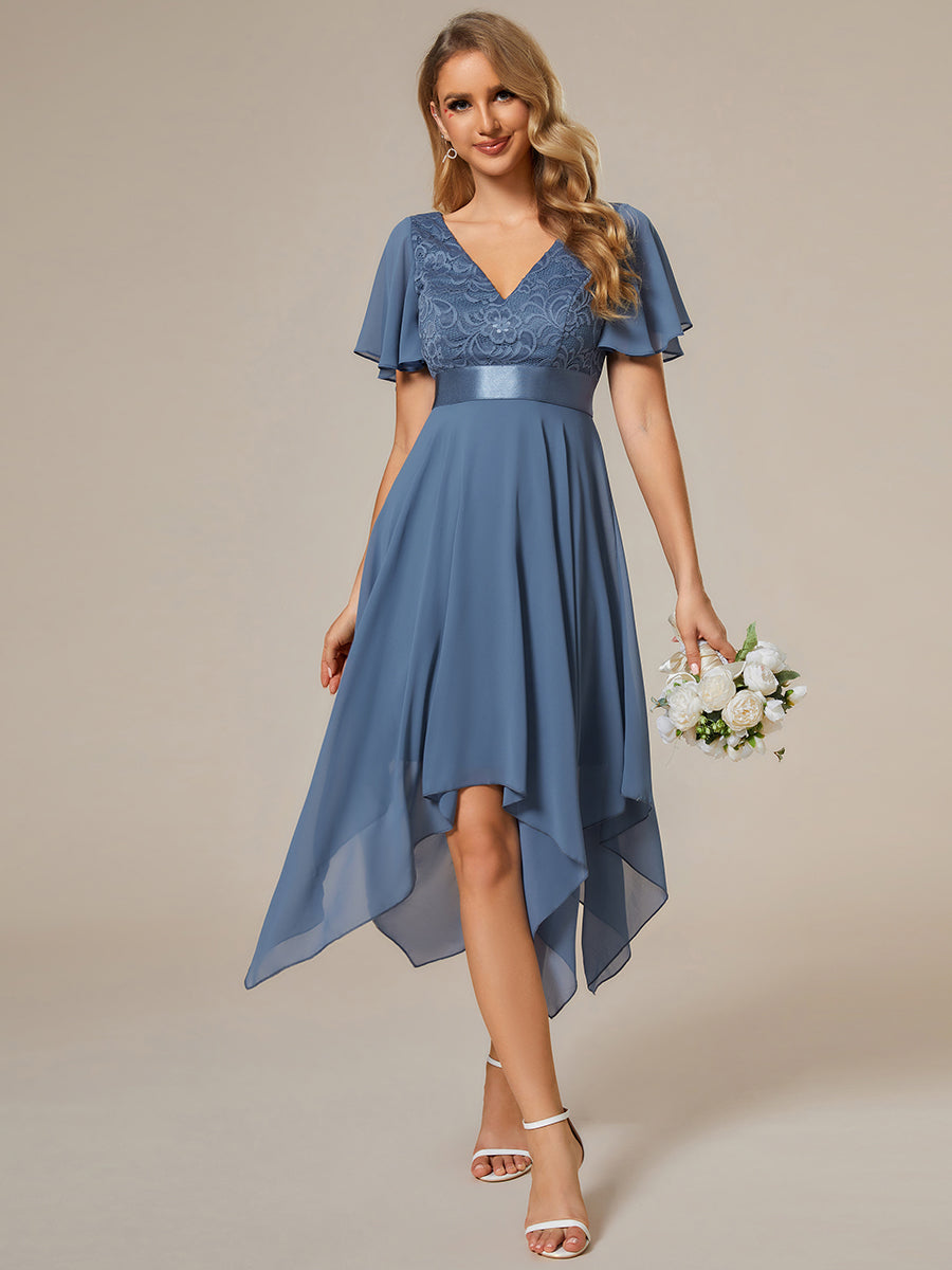 Deep V Neck Chiffon Wholesale Evening Gown With Short Sleeves