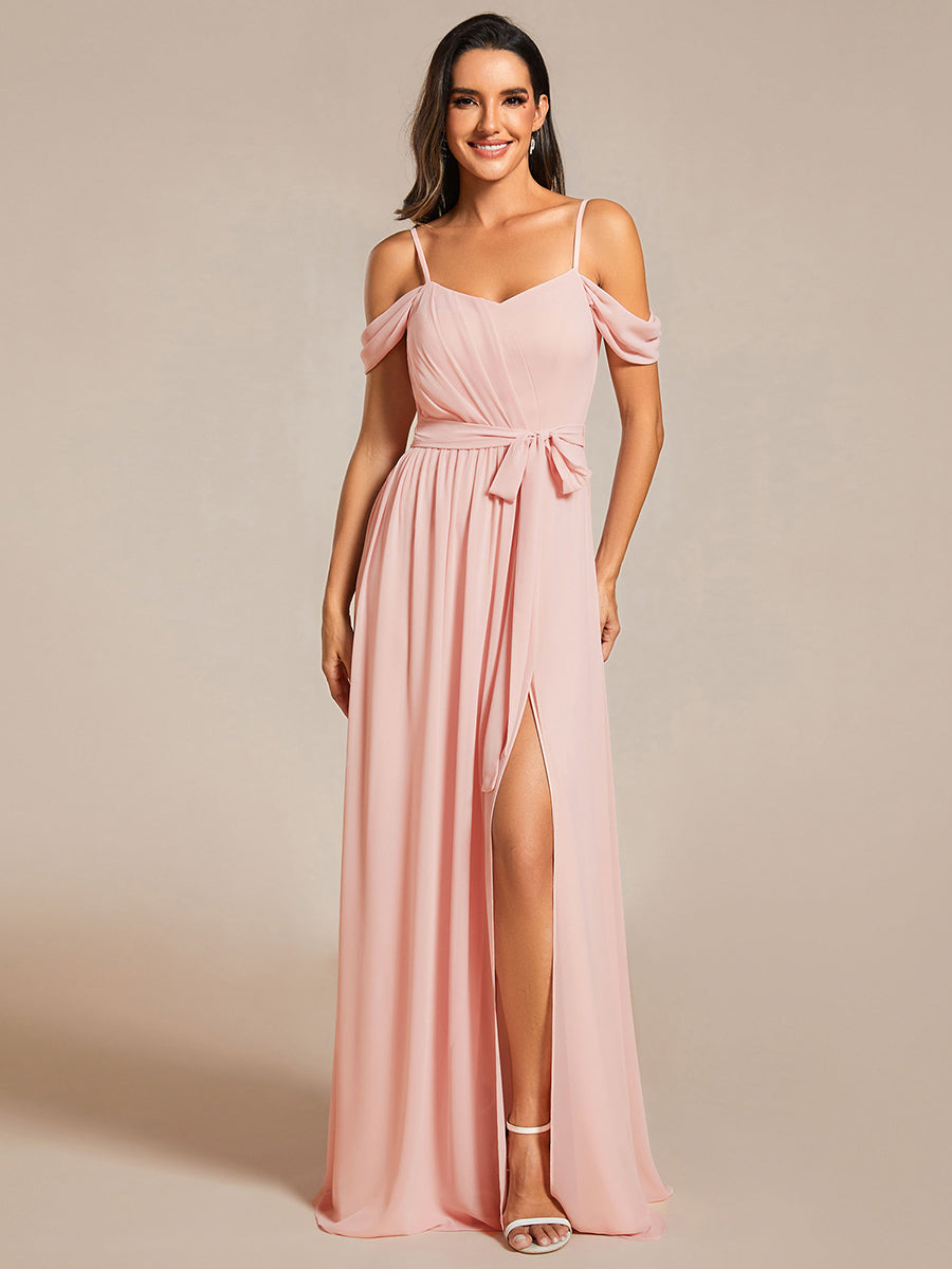 Chiffon Cold Shoulder Bowknot Bridesmaid Dress With Side Split