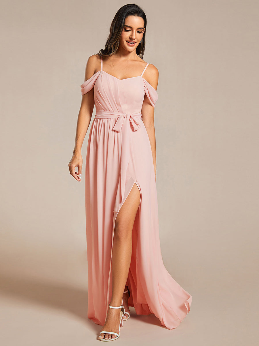 Chiffon Cold Shoulder Bowknot Bridesmaid Dress With Side Split