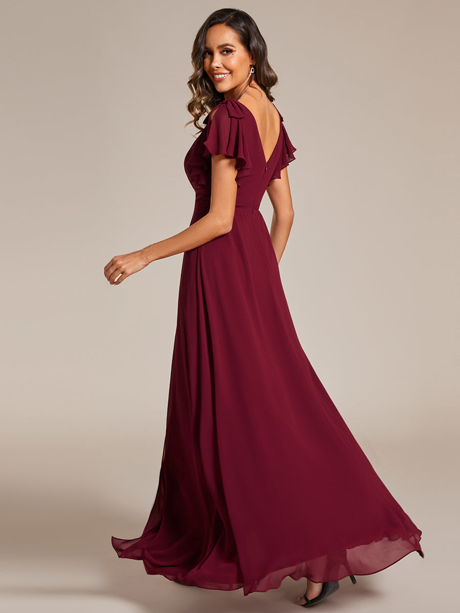 Split Ruffles Sleeves with Bowknot V-neck Chiffon Bridesmaid Dress