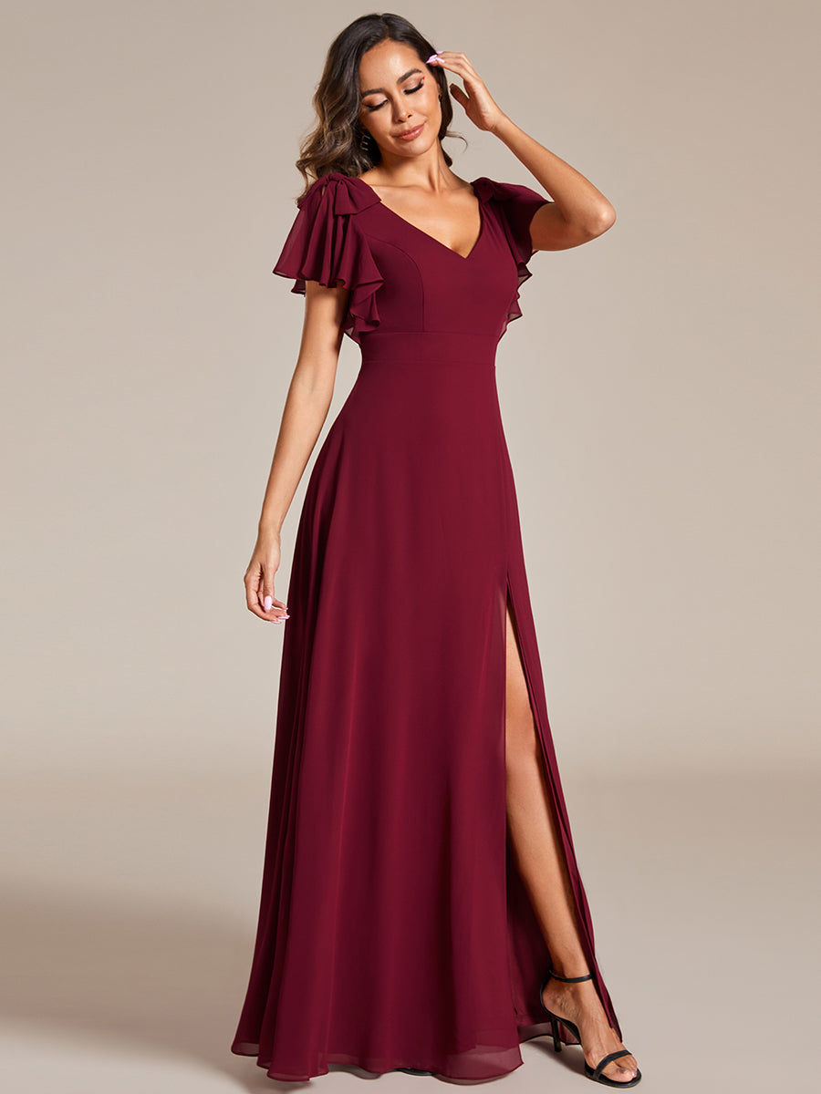 Split Ruffles Sleeves with Bowknot V-neck Chiffon Bridesmaid Dress