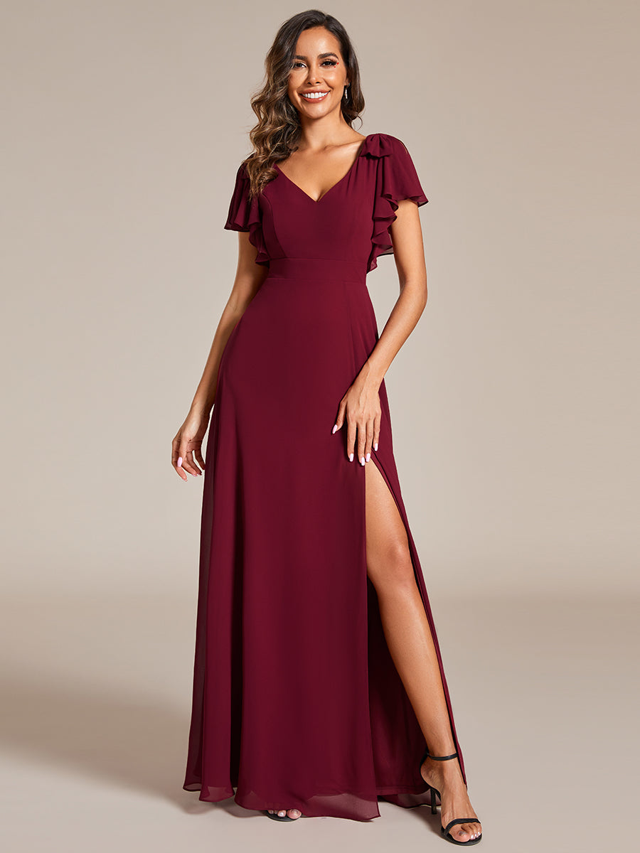 Split Ruffles Sleeves with Bowknot V-neck Chiffon Bridesmaid Dress