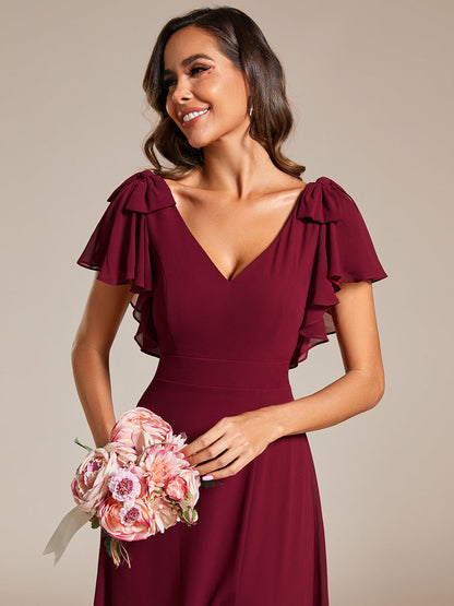 Split Ruffles Sleeves with Bowknot V-neck Chiffon Bridesmaid Dress