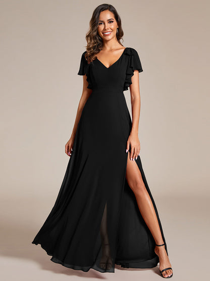 Split Ruffles Sleeves with Bowknot V-neck Chiffon Bridesmaid Dress