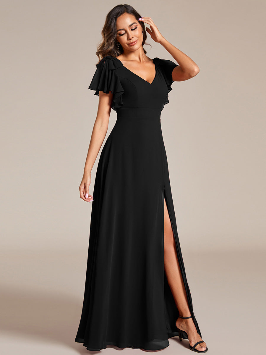 Split Ruffles Sleeves with Bowknot V-neck Chiffon Bridesmaid Dress