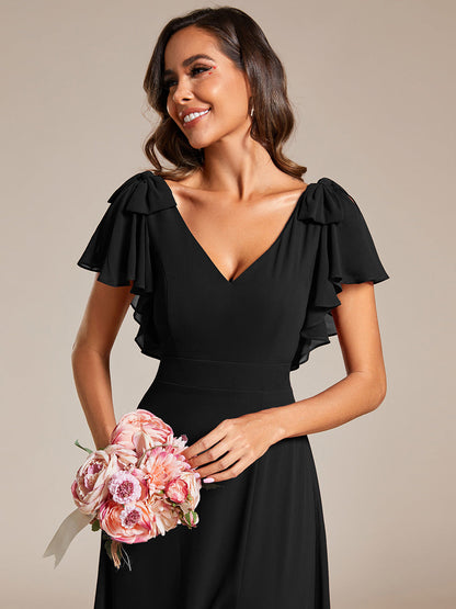 Split Ruffles Sleeves with Bowknot V-neck Chiffon Bridesmaid Dress