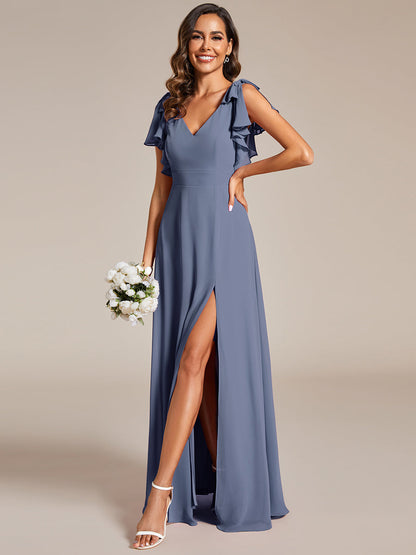 Split Ruffles Sleeves with Bowknot V-neck Chiffon Bridesmaid Dress