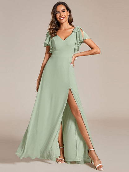 Split Ruffles Sleeves with Bowknot V-neck Chiffon Bridesmaid Dress