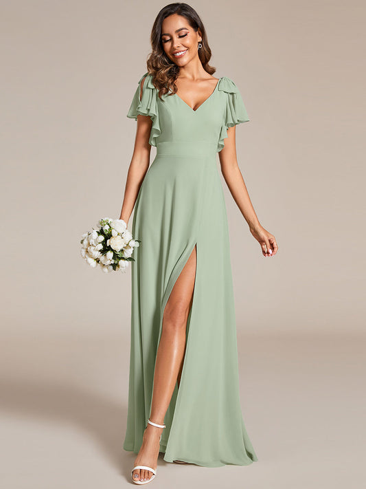 Split Ruffles Sleeves with Bowknot V-neck Chiffon Bridesmaid Dress