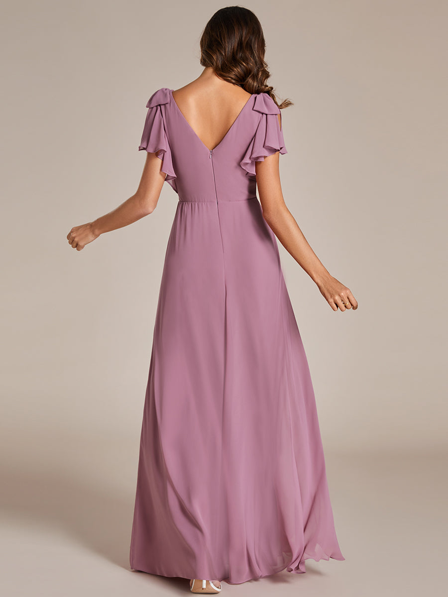 Split Ruffles Sleeves with Bowknot V-neck Chiffon Bridesmaid Dress