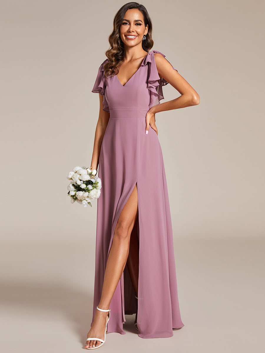 Split Ruffles Sleeves with Bowknot V-neck Chiffon Bridesmaid Dress