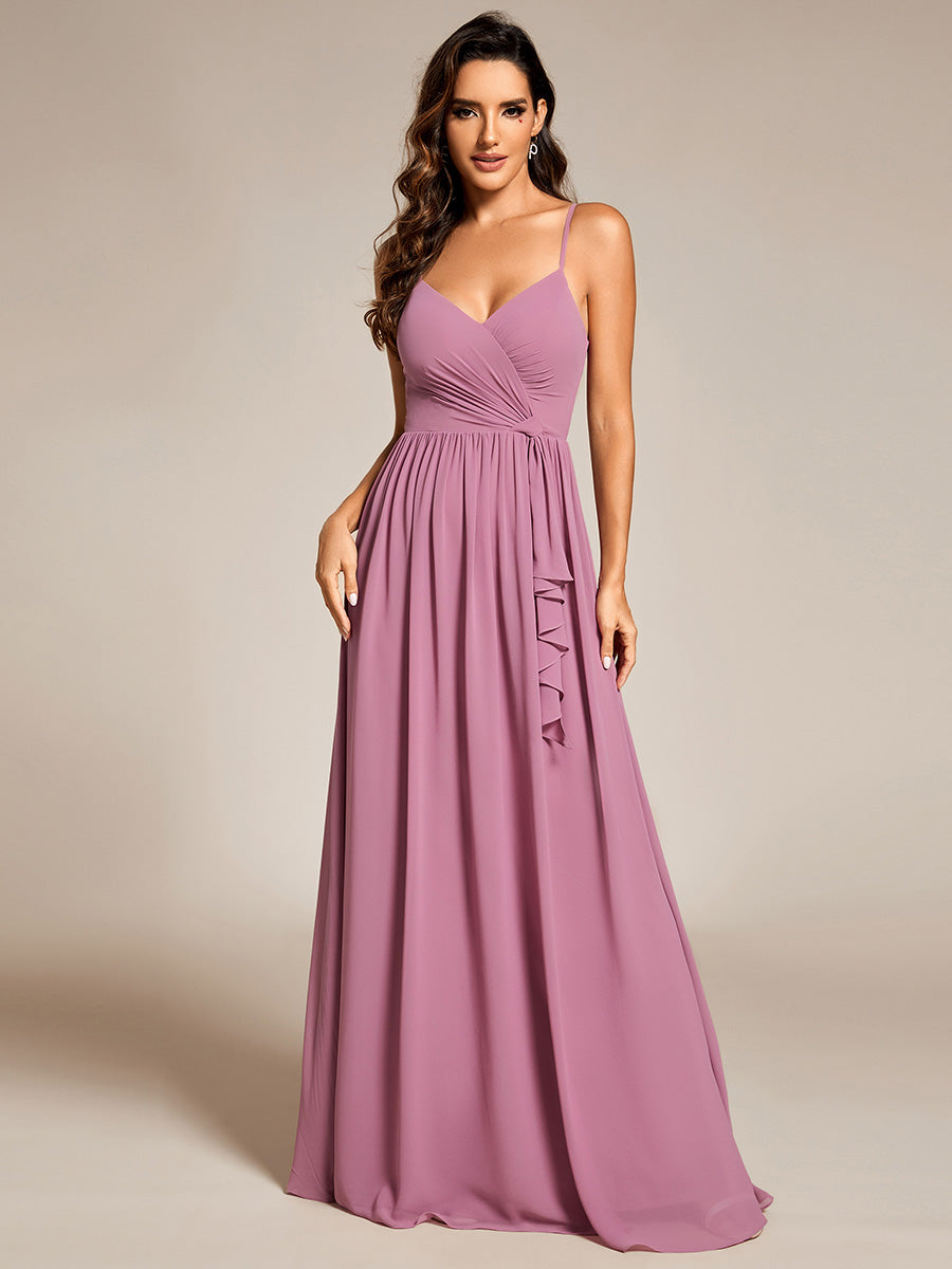 Elegant Spaghetti Straps Deep V Neck A-Line Ruched Lotus Leaf Empire Waist Chiffon Bridesmaids Dress