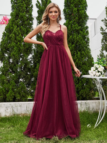 Shimmer Cross-Back Straps Wholesale Tulle Bridesmaid Dress with sleeveless