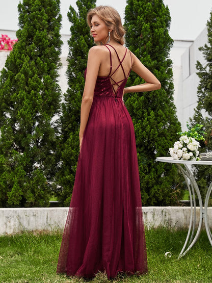 Shimmer Cross-Back Straps Wholesale Tulle Bridesmaid Dress with sleeveless