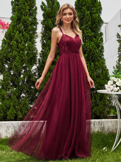 Shimmer Cross-Back Straps Wholesale Tulle Bridesmaid Dress with sleeveless