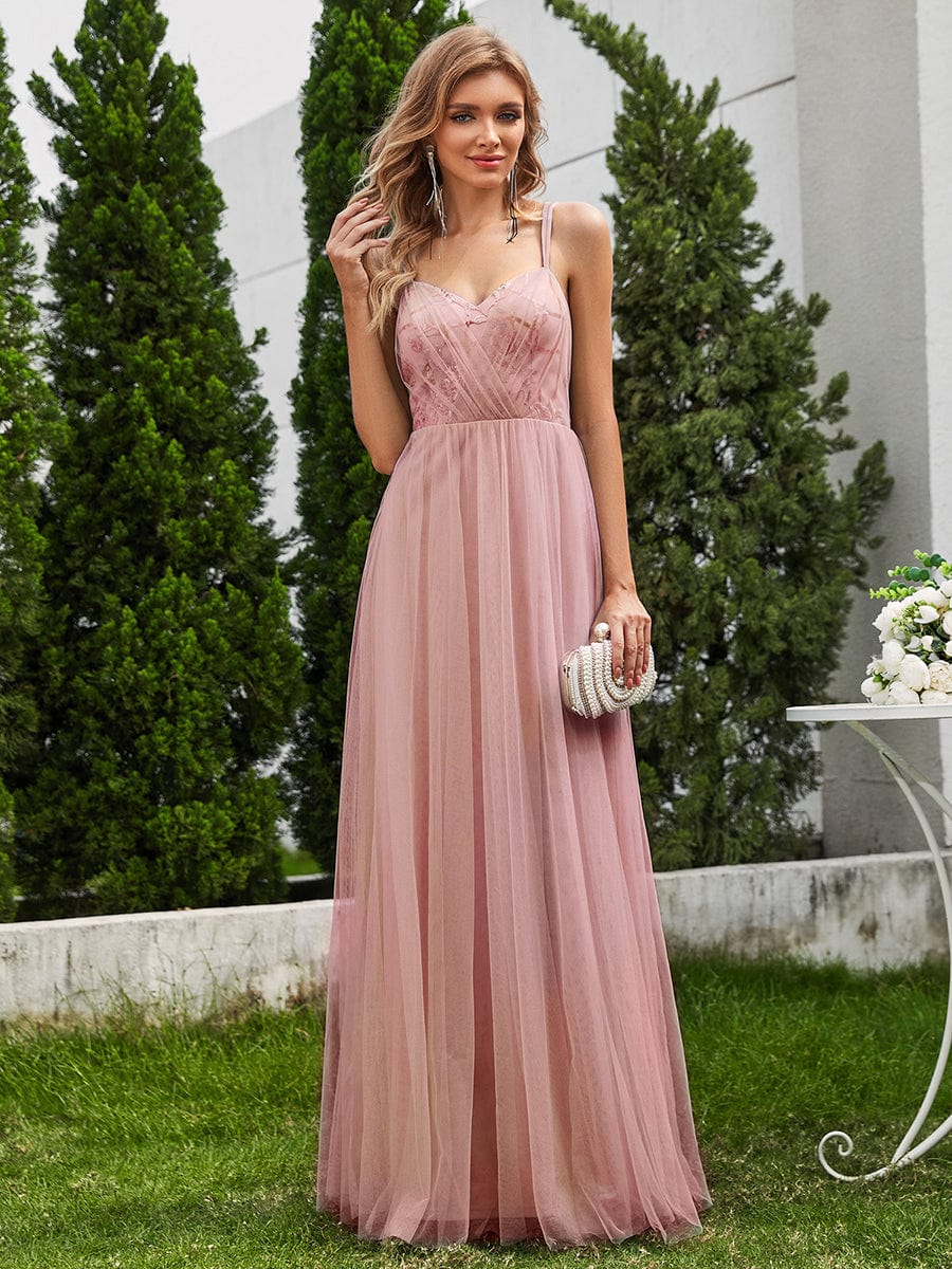 Shimmer Cross-Back Straps Wholesale Tulle Bridesmaid Dress with sleeveless