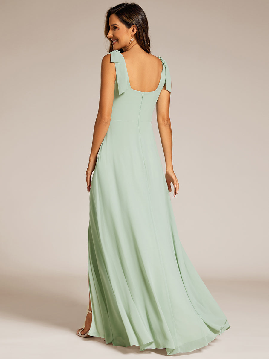 Elegant Bowknot binding Square Neckline Chiffon Dresses A-Line Side Split Bridesmaids Dress